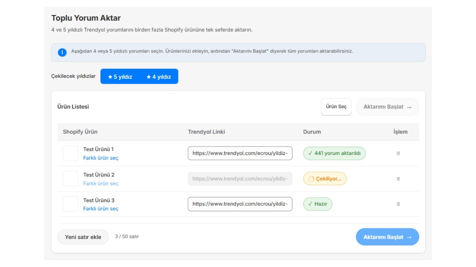 Toplu yorum aktarma ekranı (büyütmek için tıklayın)