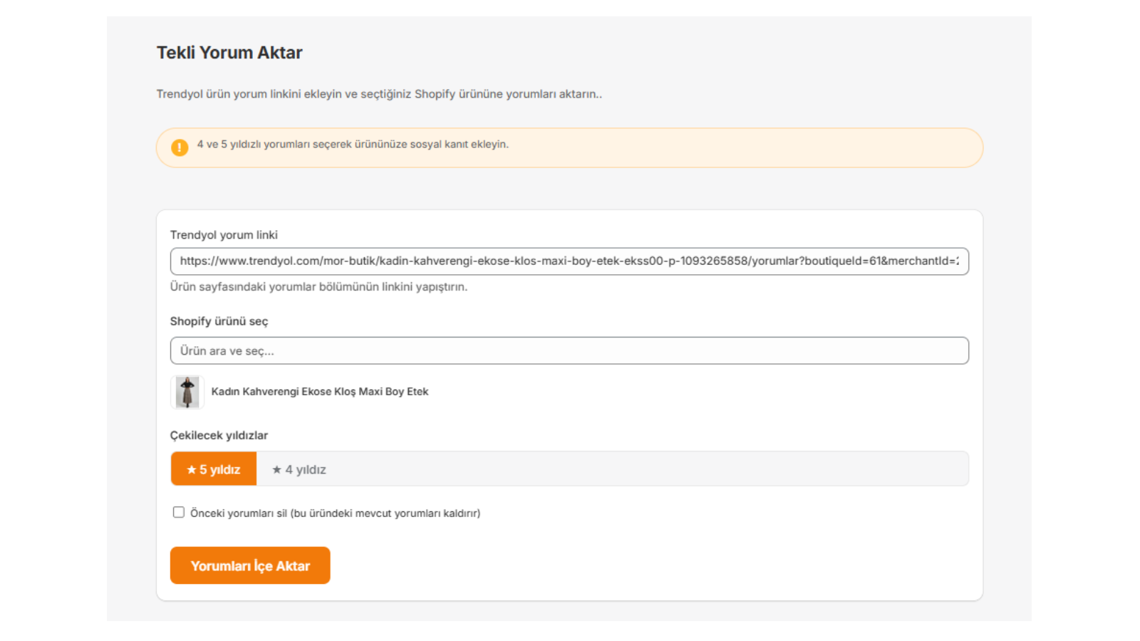 Tekli yorum aktarma ekranı (büyütmek için tıklayın)