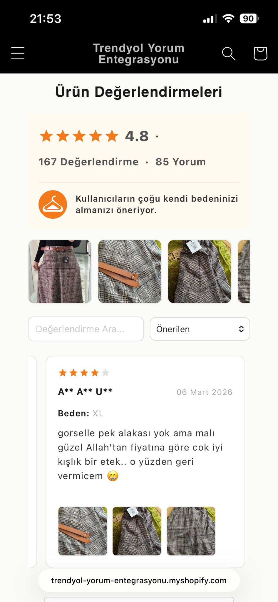 Trendyol yorum entegrasyonu — Shopify’da uygulama görünümü (büyütmek için tıklayın)